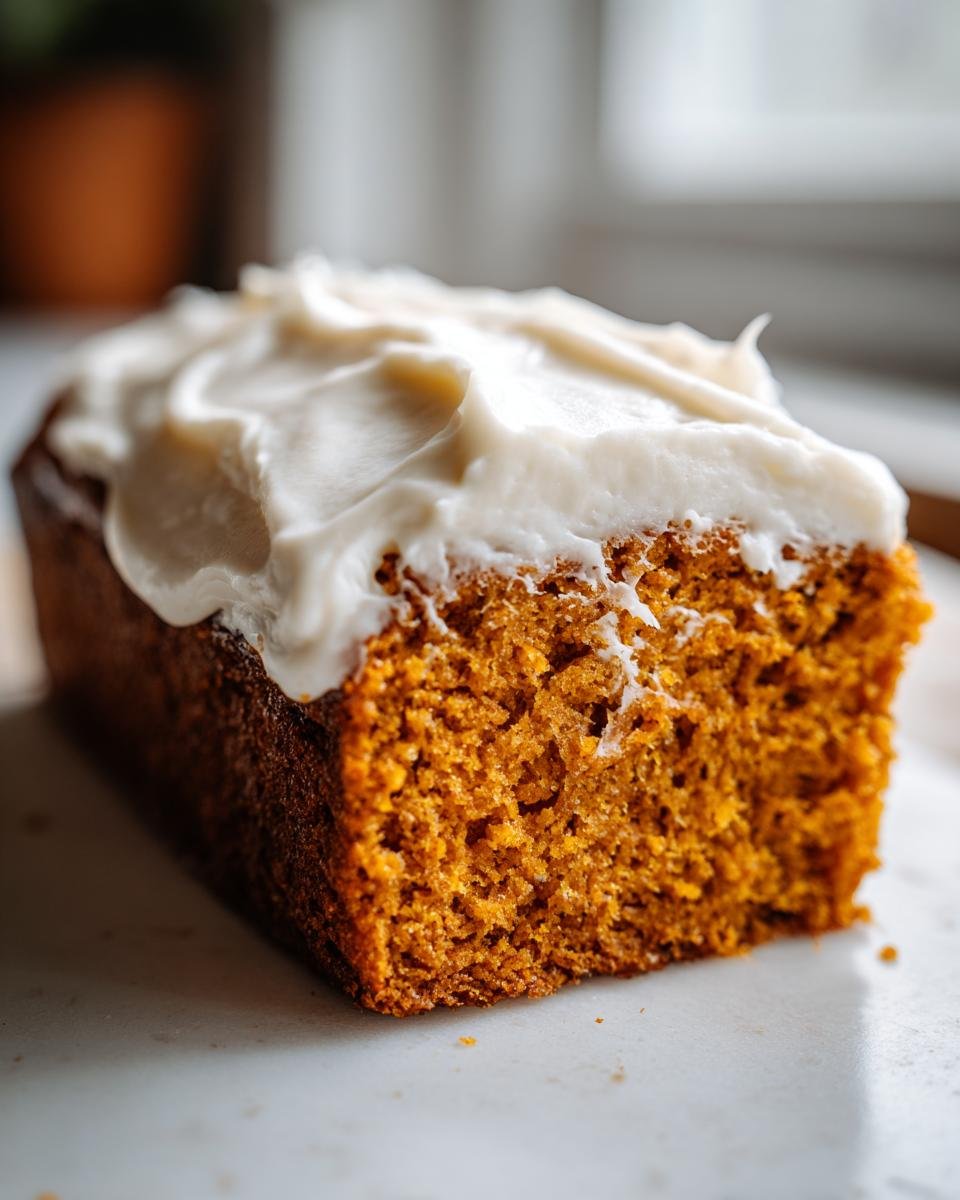 A close-up shot of a moist slice of bright orange Pumpkin Bread With Cream Cheese Frosting.