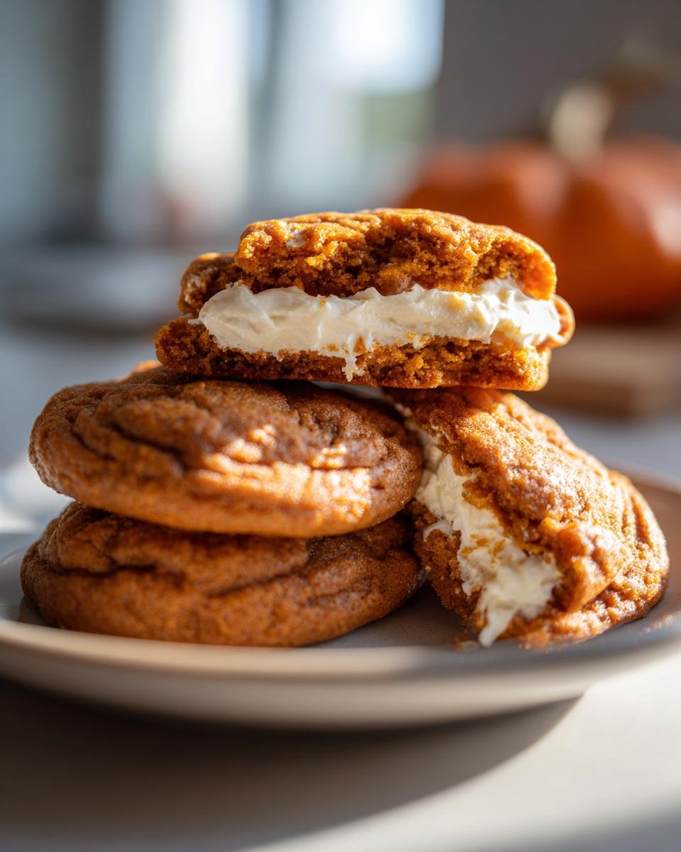 A stack of soft Pumpkin Cheesecake Cookies with creamy filling, one cookie broken open.