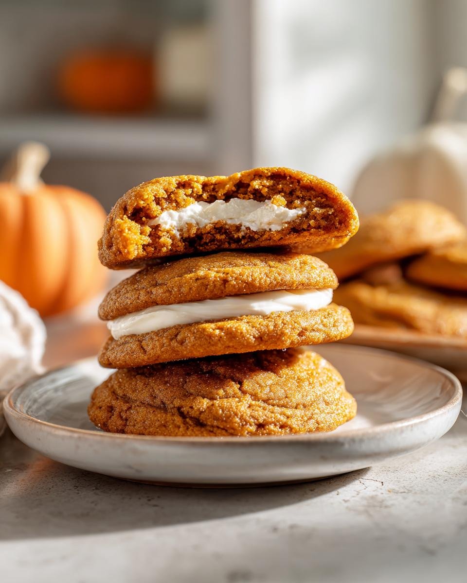 A stack of three soft Pumpkin Cheesecake Cookies, with the top one broken open to show the creamy white filling.