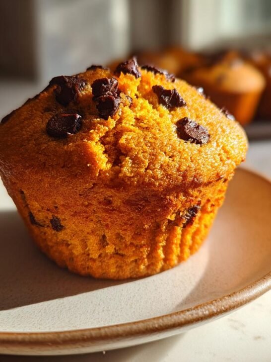 Close-up of a moist Pumpkin Chocolate Chip Muffins Recipe muffin topped with melted chocolate chips.