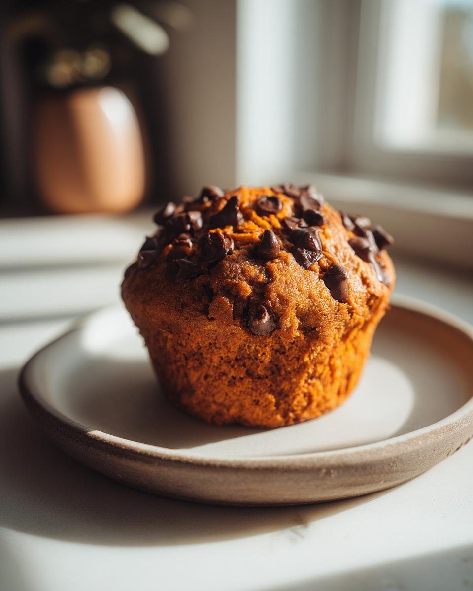 A single, freshly baked Pumpkin Chocolate Chip Muffin topped generously with melted chocolate chips, resting on a small ceramic plate.