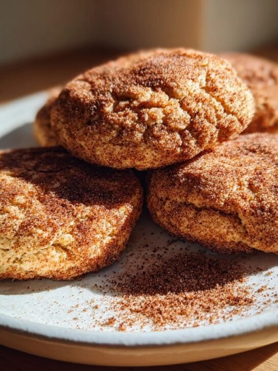 A stack of four soft Pumpkin Coffee Cake Cookies heavily coated in cinnamon sugar, resting on a light plate.