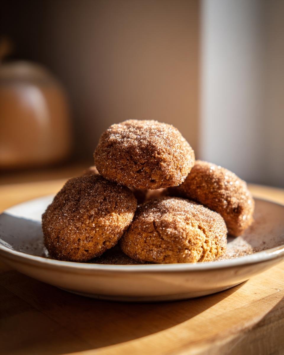 A stack of four warm Pumpkin Coffee Cake Cookies coated in cinnamon sugar, sitting on a light plate.