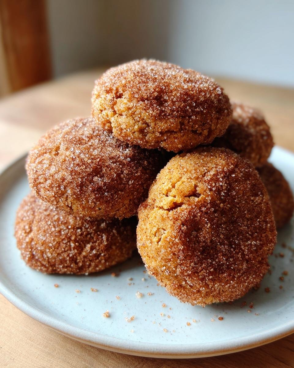 A stack of soft, round Pumpkin Coffee Cake Cookies heavily coated in cinnamon sugar, resting on a light blue plate.