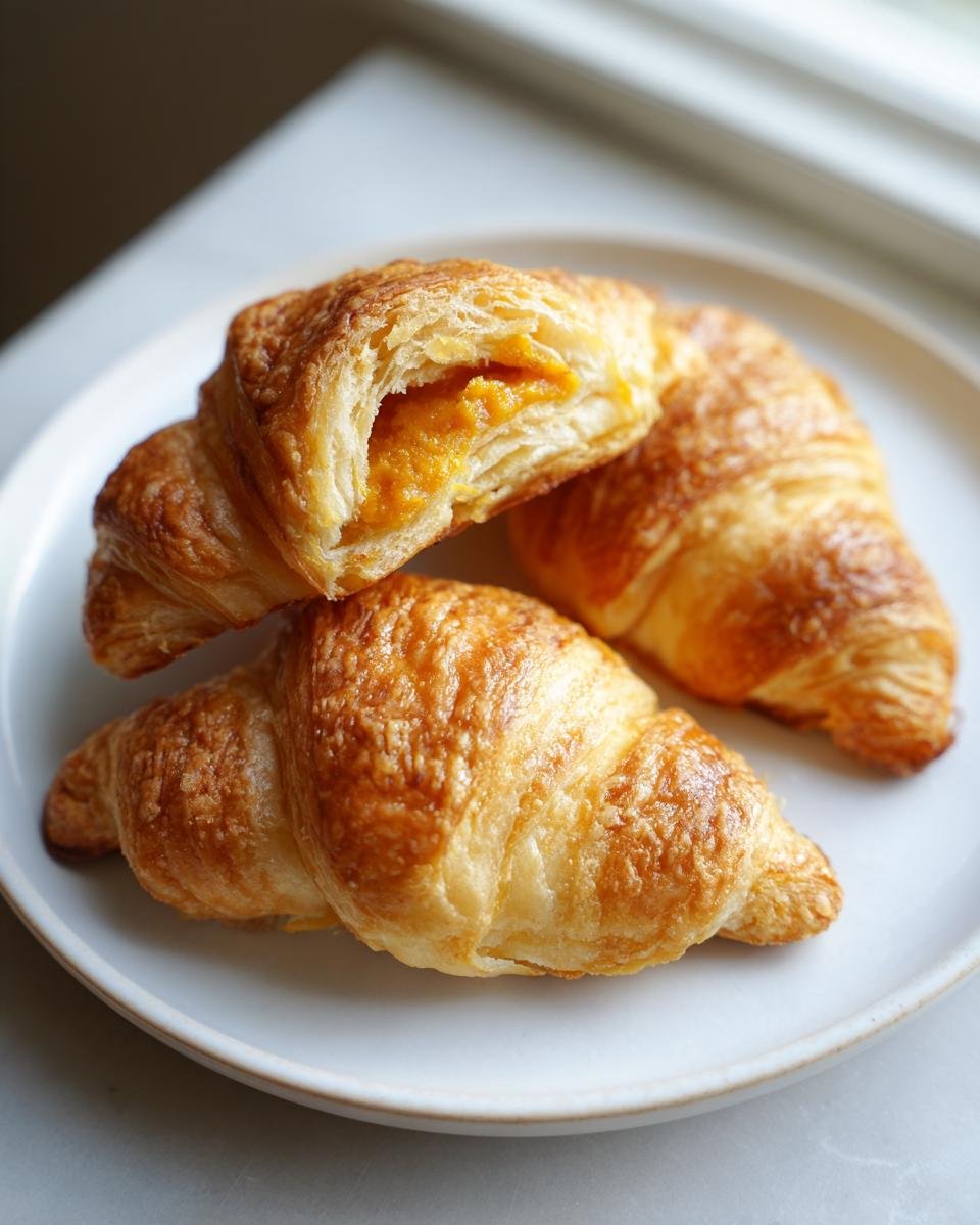 Three golden-brown Pumpkin Pie Crescent Rolls on a white plate, one cut open showing the orange pumpkin filling.