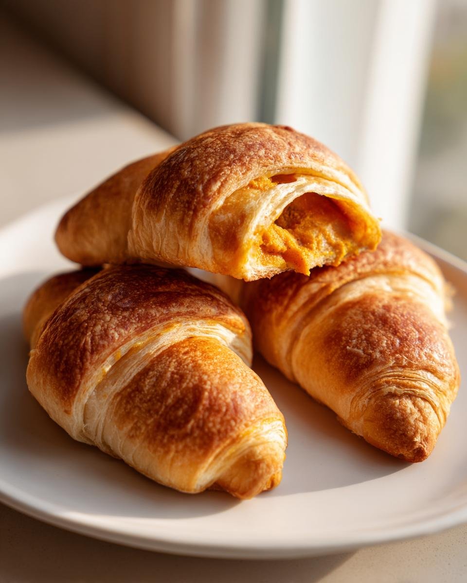 Three golden brown Pumpkin Pie Crescent Rolls stacked on a white plate, one is broken open showing the orange pumpkin filling.