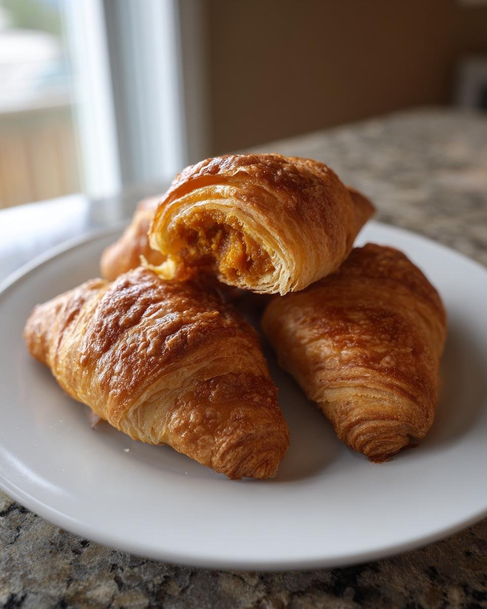 Close-up of flaky Pumpkin Pie Crescent Rolls, one cut open showing the orange pumpkin filling.