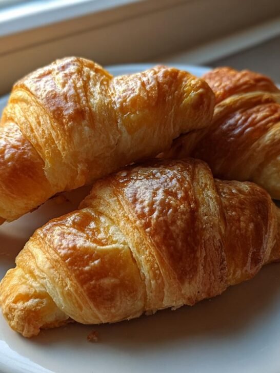 Four golden brown Pumpkin Pie Crescent Rolls stacked on a white plate near a window.