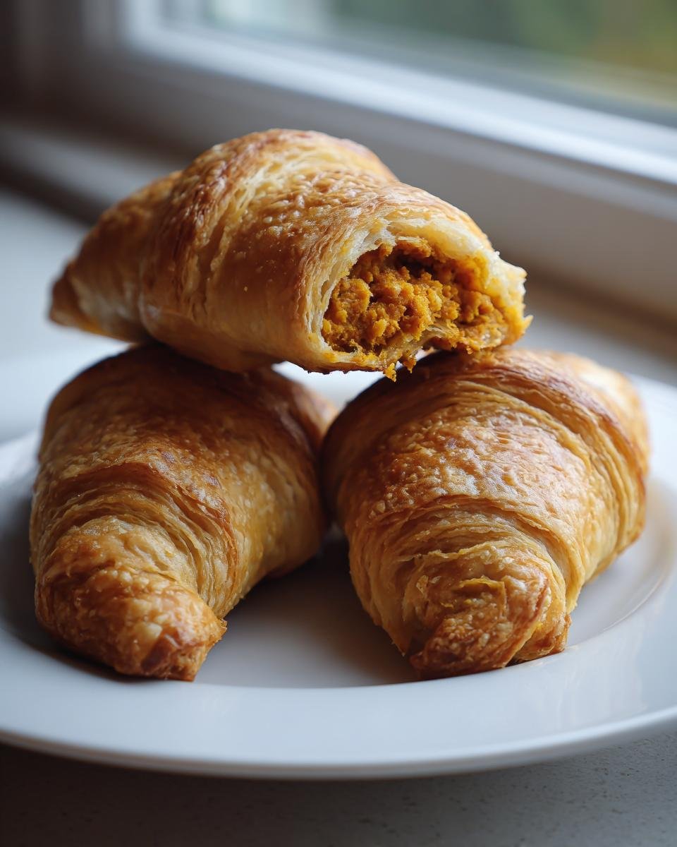Three golden brown Pumpkin Pie Crescent Rolls stacked on a white plate, one is broken open showing the orange pumpkin filling.