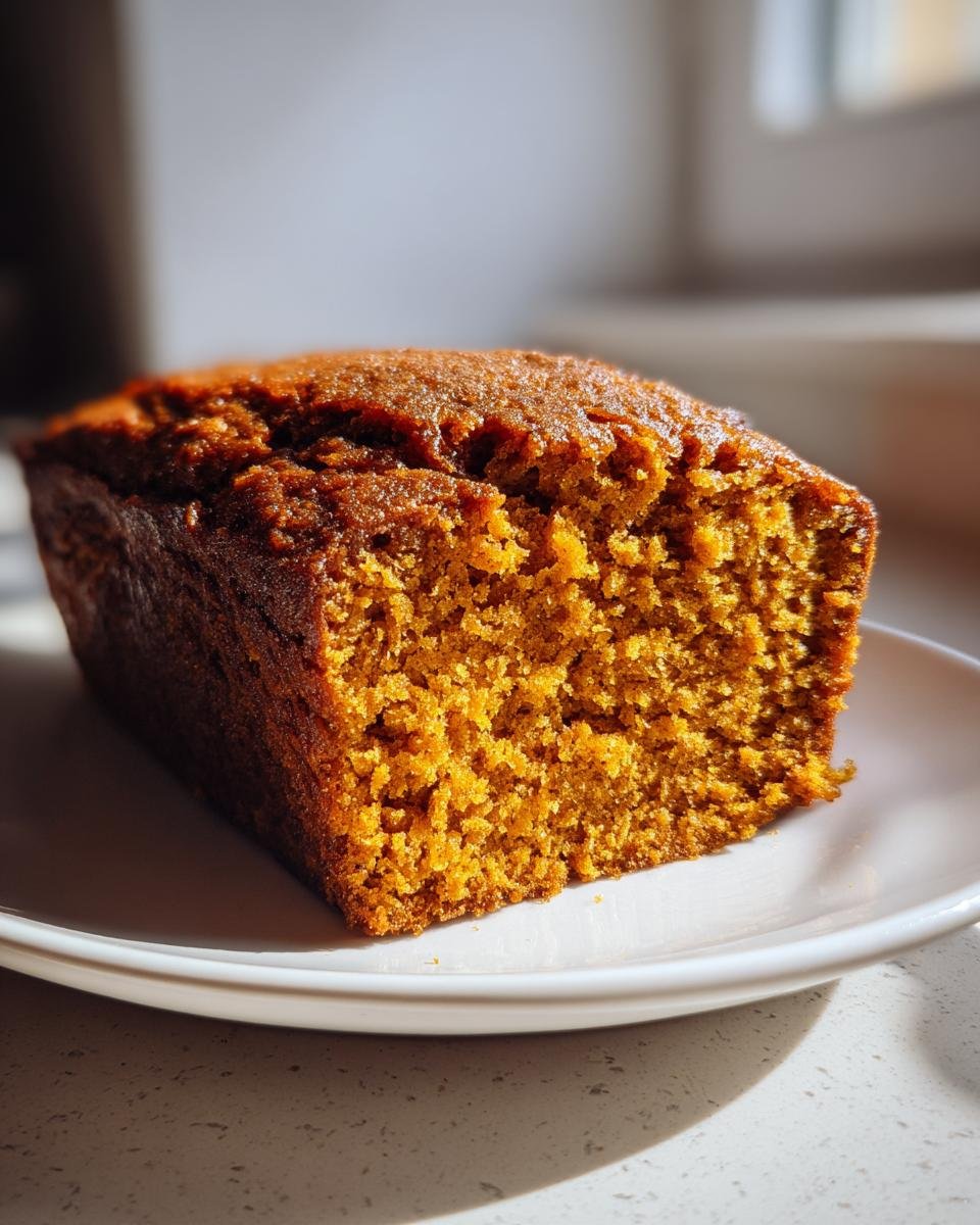 Close-up of a rich, orange-colored slice of Pumpkin Spice Cake loaf on a white plate.