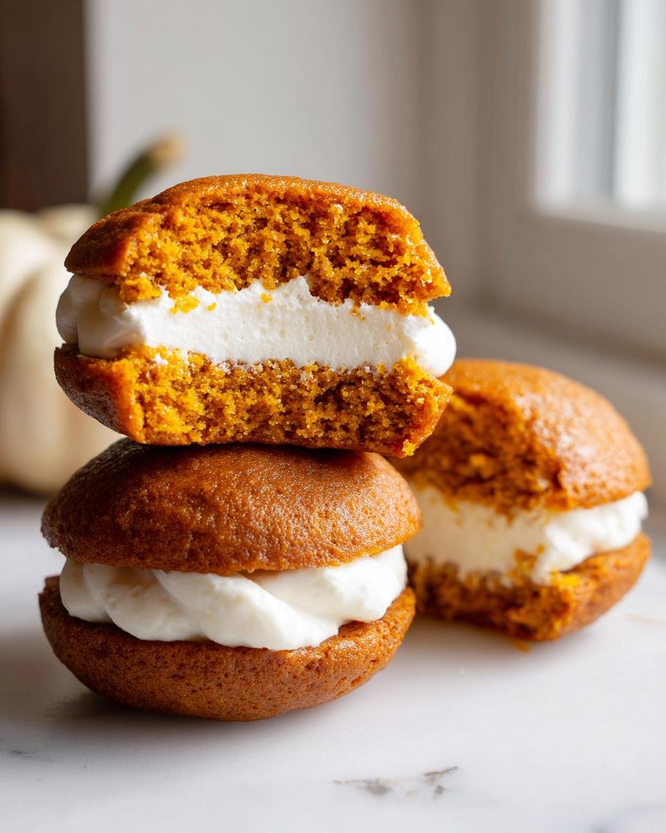 A stack of two Pumpkin Whoopie Pies, one cut in half to show the fluffy orange cake and white cream filling.