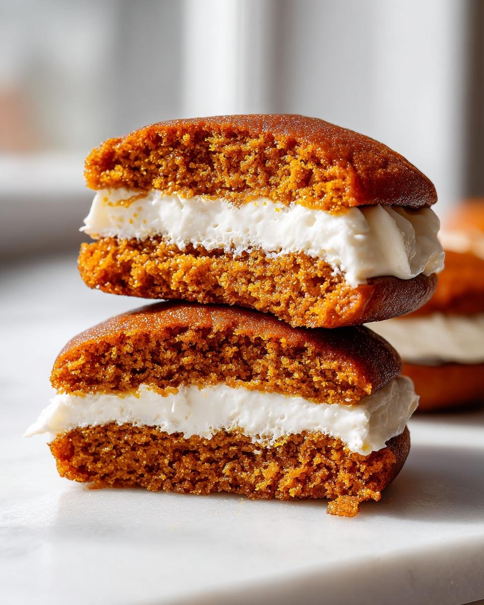 Two halves of a Pumpkin Whoopie Pie stacked, showing the rich orange cake and thick cream cheese filling.