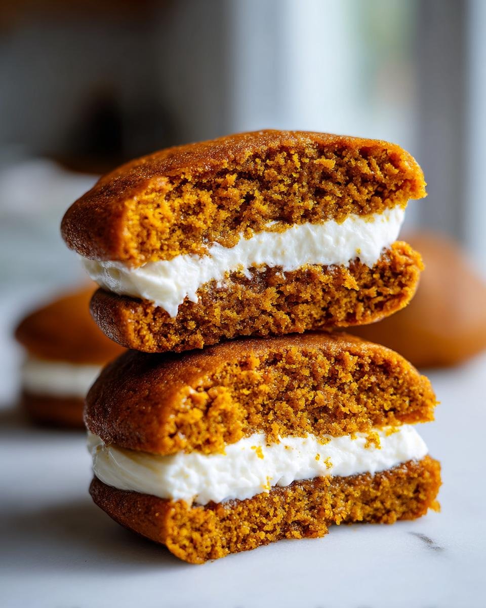 Close-up of two halves of a Pumpkin Whoopie Pie stacked, showing the rich orange cake texture and creamy white filling.