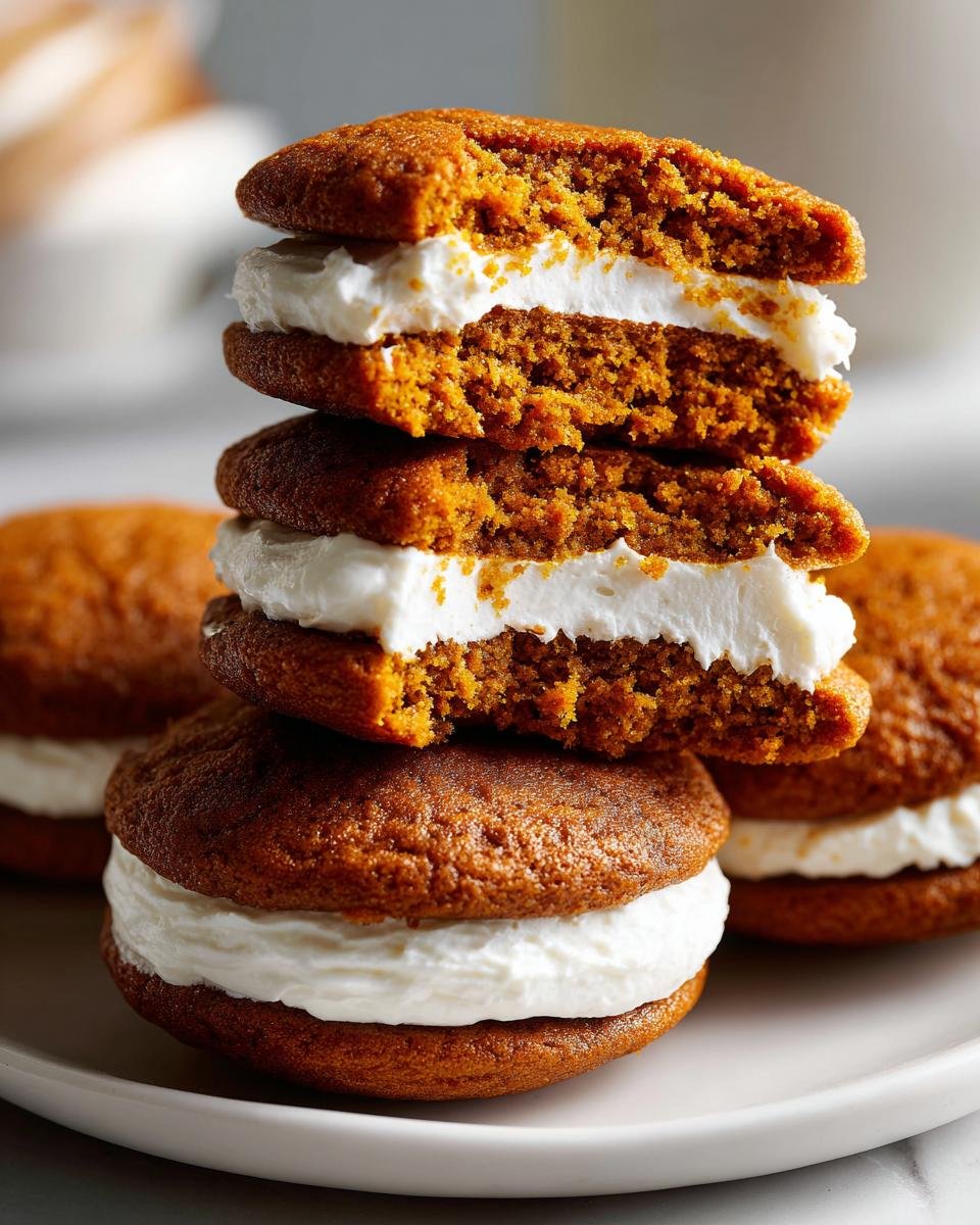 A stack of three rich, spiced Pumpkin Whoopie Pies filled with thick white cream frosting.