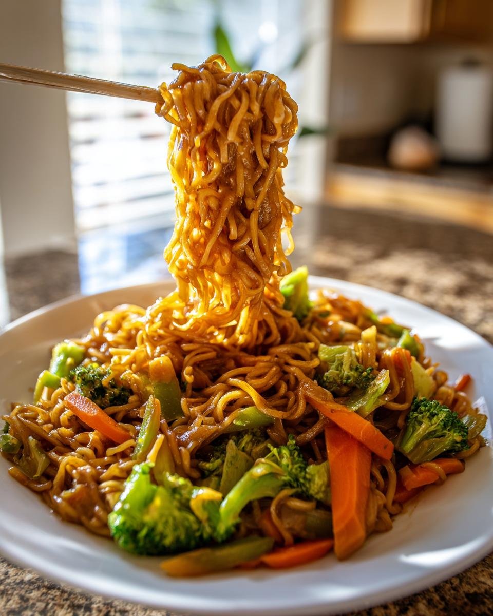 Chopsticks lifting saucy noodles from a plate of vibrant Ramen Noodle Stir Fry with broccoli and carrots.