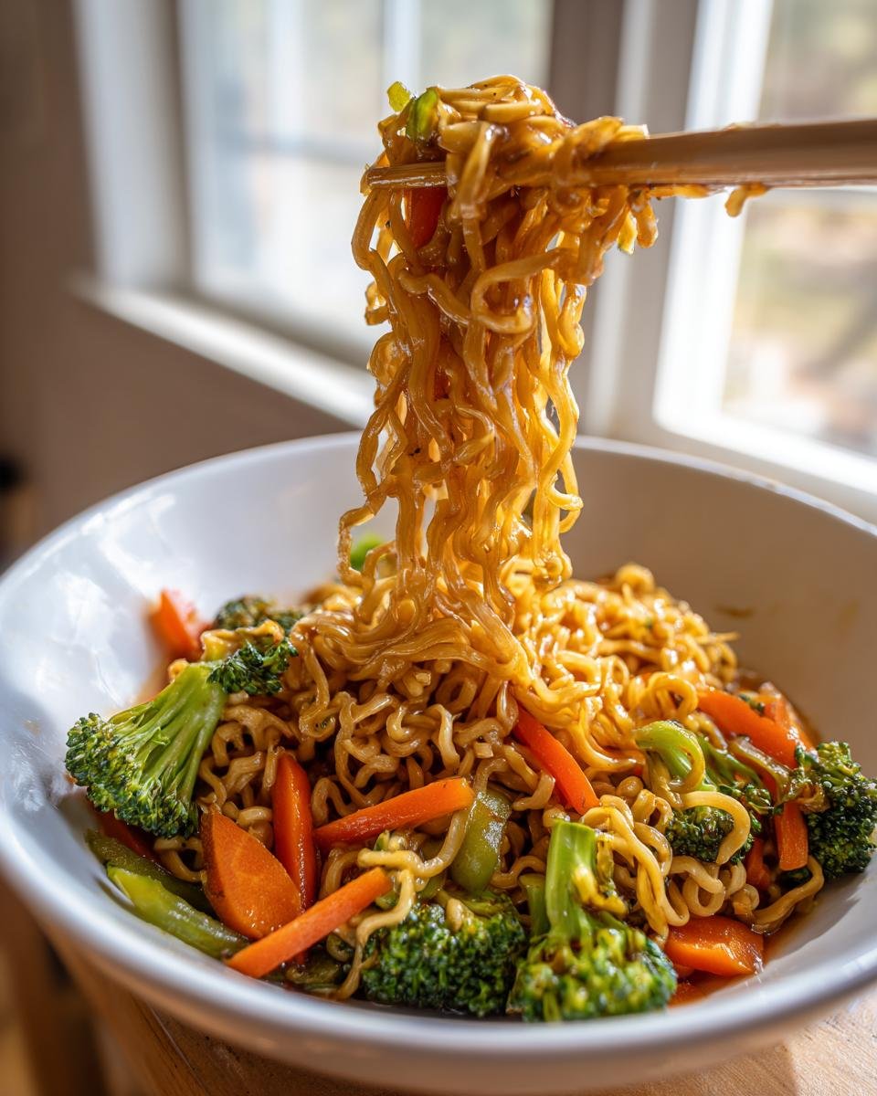 Chopsticks lifting noodles from a white bowl of colorful Ramen Noodle Stir Fry with broccoli and carrots.