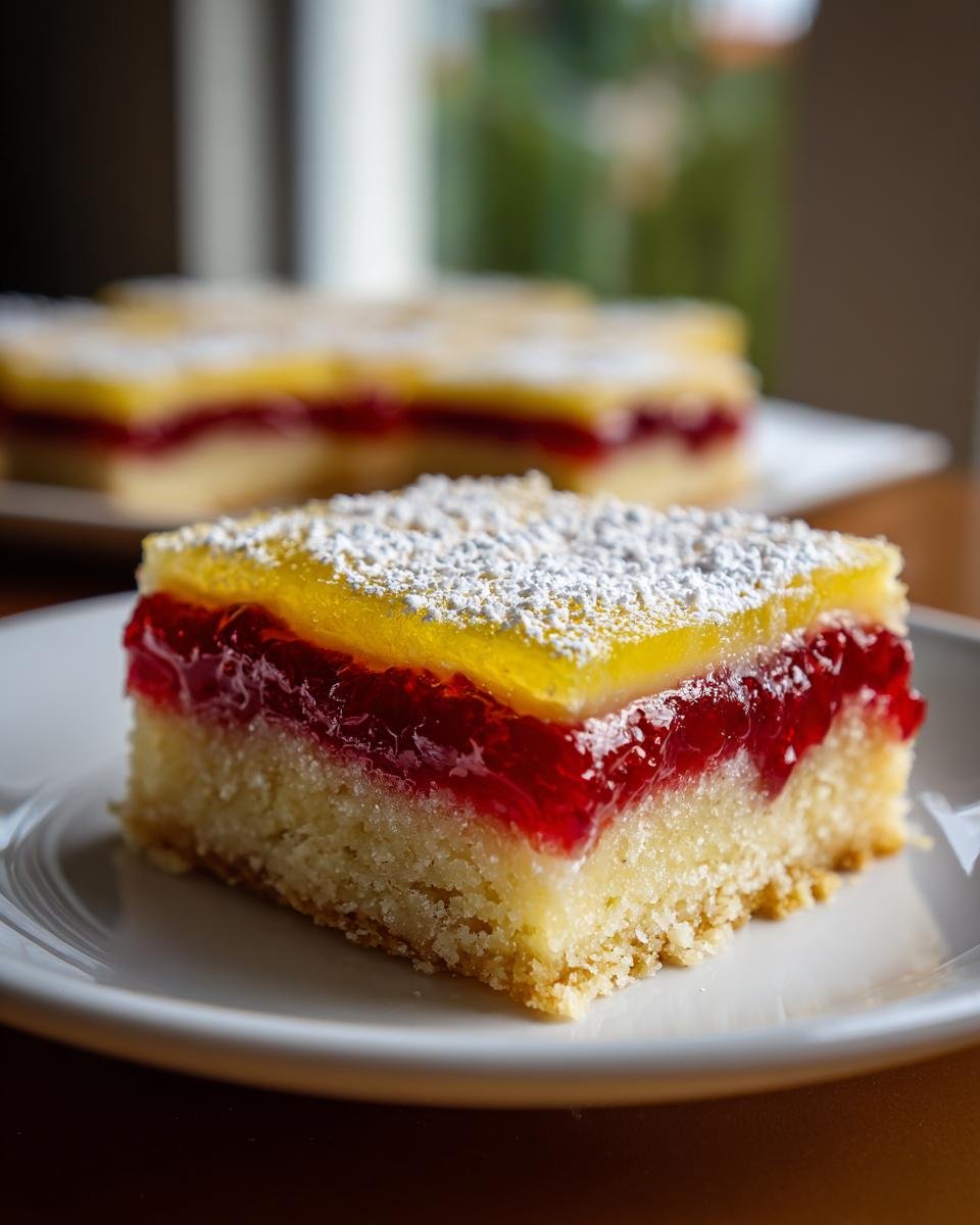 A single serving of 3-layer Raspberry Lemon Bars with a shortbread crust, raspberry filling, and lemon topping dusted with powdered sugar.