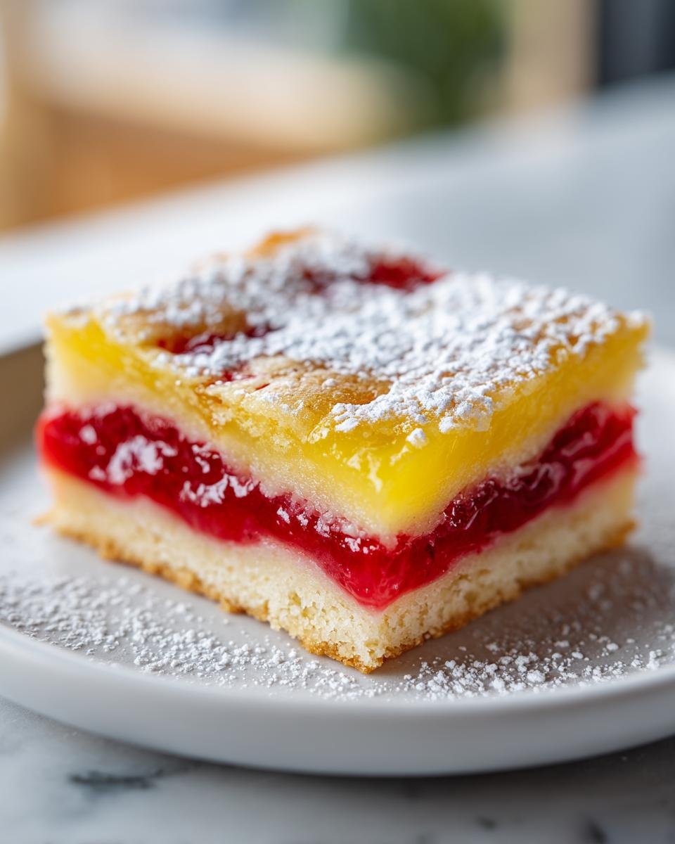 A square slice of 3-layer Raspberry Lemon Bars showing a crust, bright red raspberry filling, and yellow lemon topping dusted with powdered sugar.