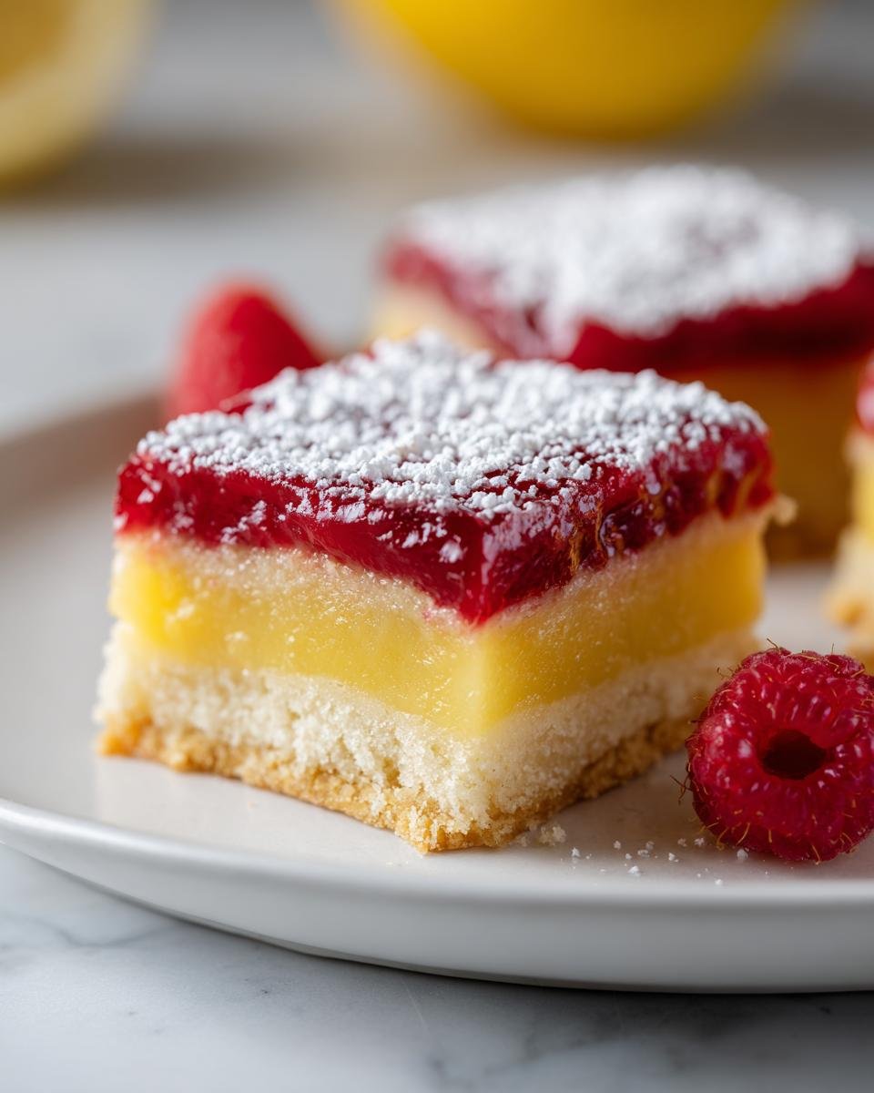 Close-up of a square slice of Raspberry Lemon Bars showing three distinct layers: crust, lemon filling, and raspberry topping dusted with powdered sugar.