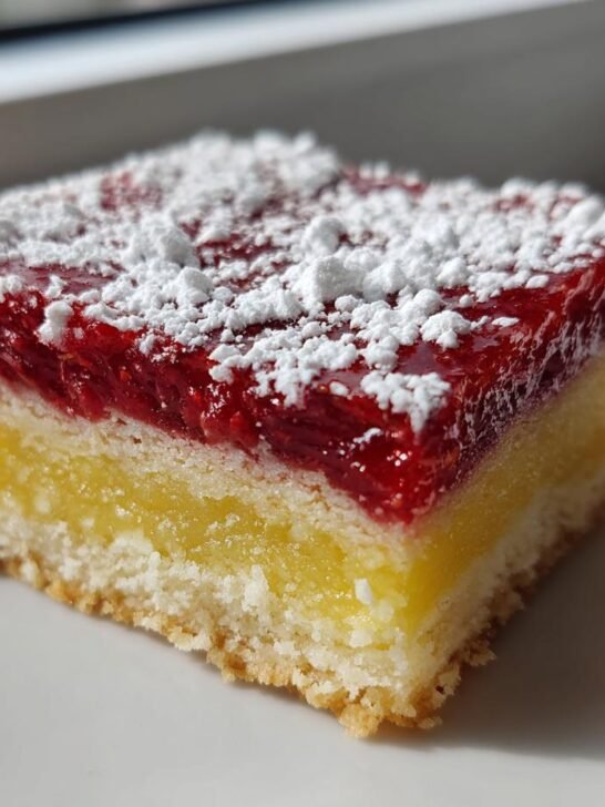 A single square serving of 3-layer Raspberry Lemon Bars showing the crust, lemon filling, and raspberry topping dusted with powdered sugar.