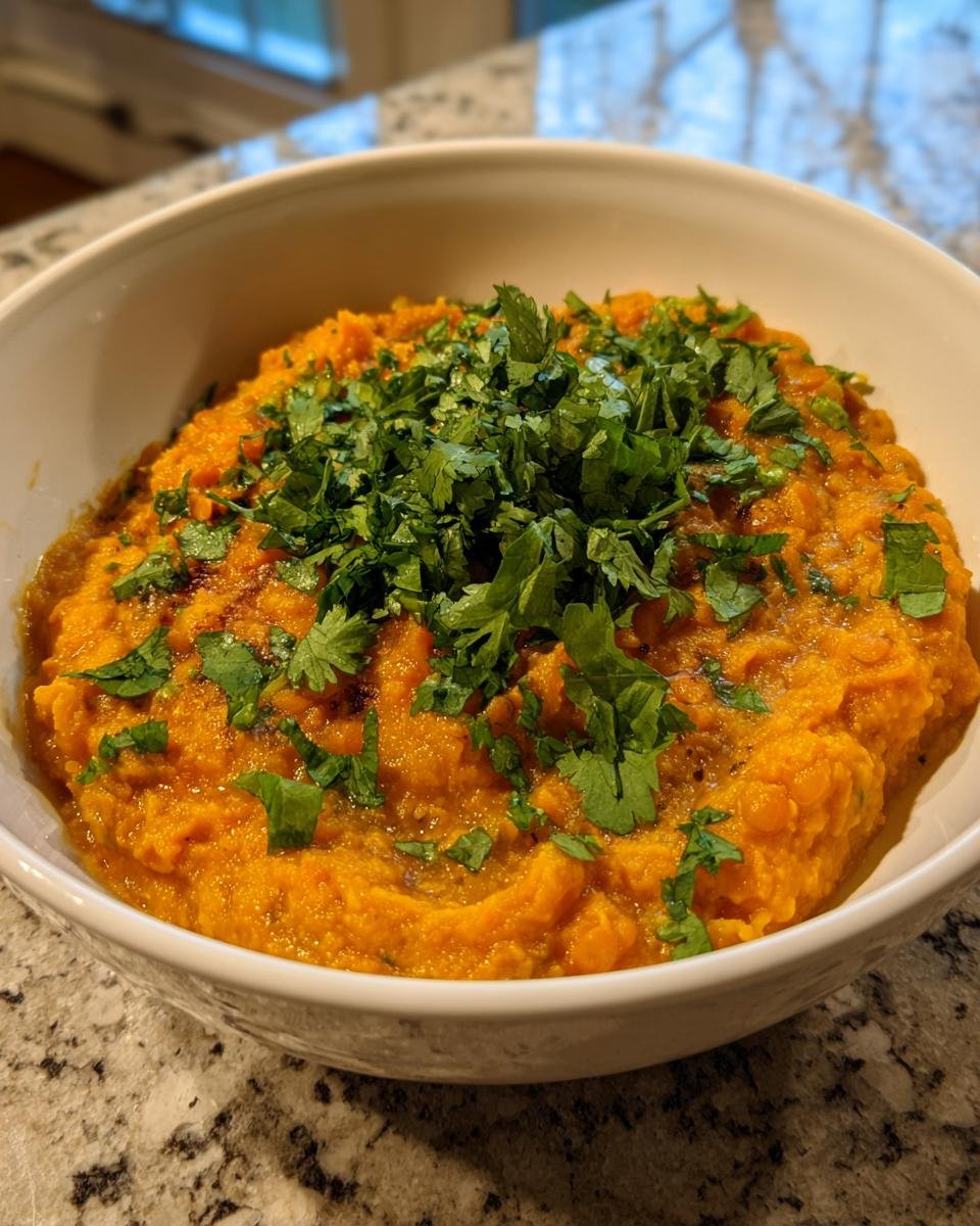 A close-up of a white bowl filled with thick, orange Red Lentil Dahl, generously garnished with fresh chopped cilantro.