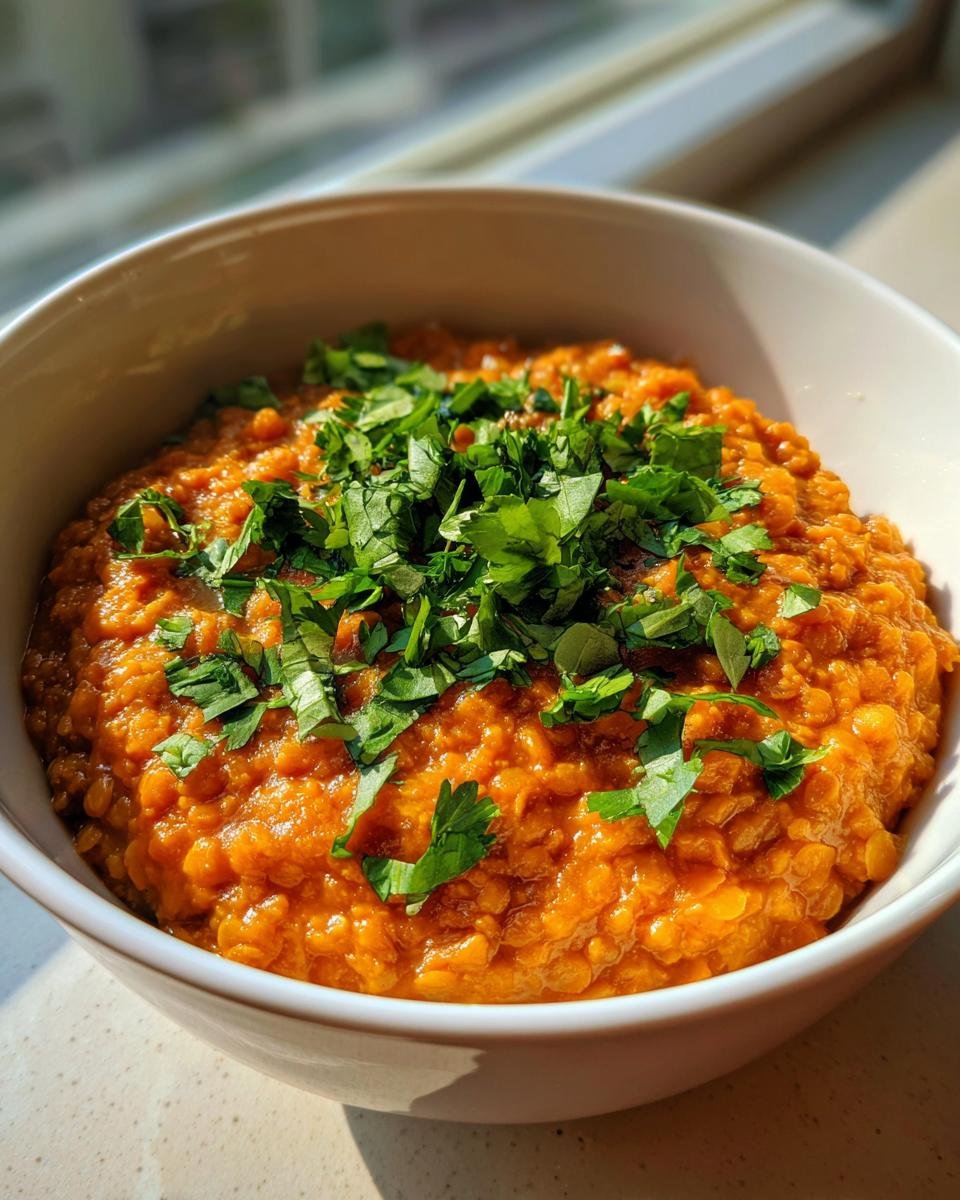 A close-up of a creamy, orange Red Lentil Dahl served in a white bowl and generously garnished with fresh chopped cilantro.