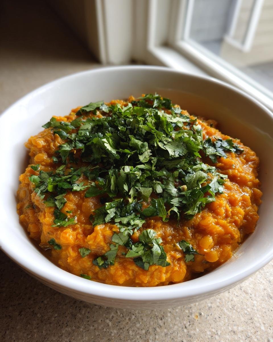 Close-up of a white bowl filled with creamy, orange Red Lentil Dahl, generously garnished with fresh chopped cilantro.