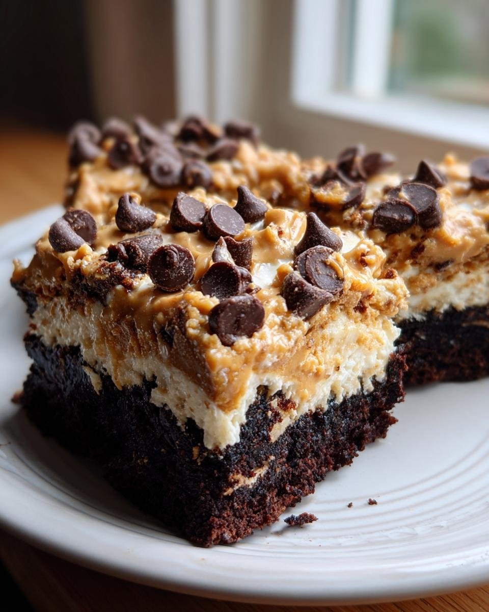 Close-up of a Reeses Peanut Butter Earthquake bar slice showing a dark brownie base, creamy layer, and peanut butter topping with chocolate chips.