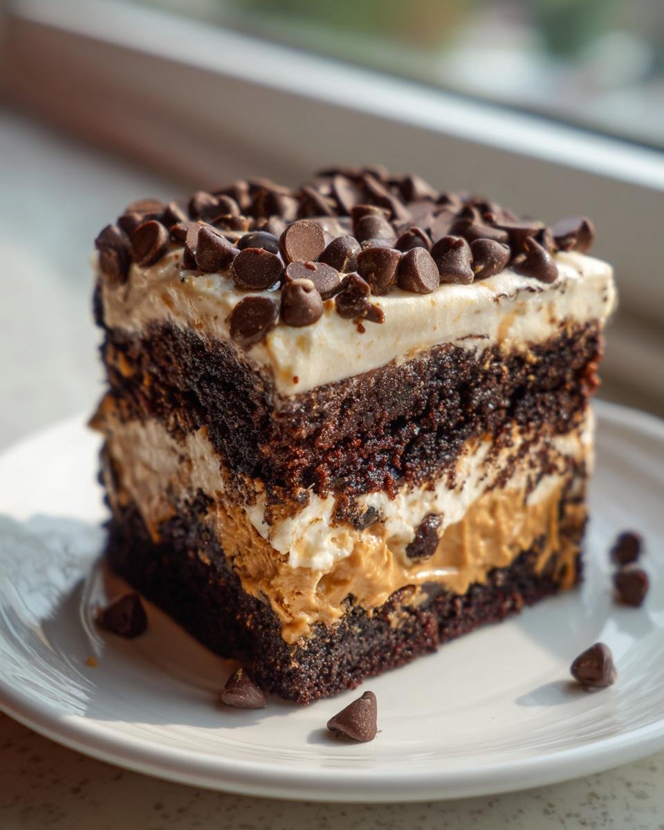 A decadent slice of Reeses Peanut Butter Earthquake cake showing layers of dark chocolate cake, peanut butter filling, and whipped topping covered in chocolate chips.