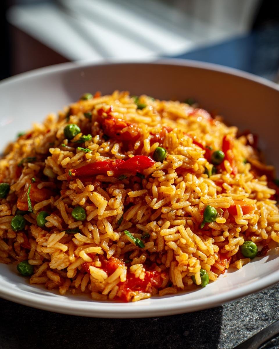 Close-up of fluffy Restaurant Style Mexican Rice mixed with red tomatoes and bright green peas in a white bowl.