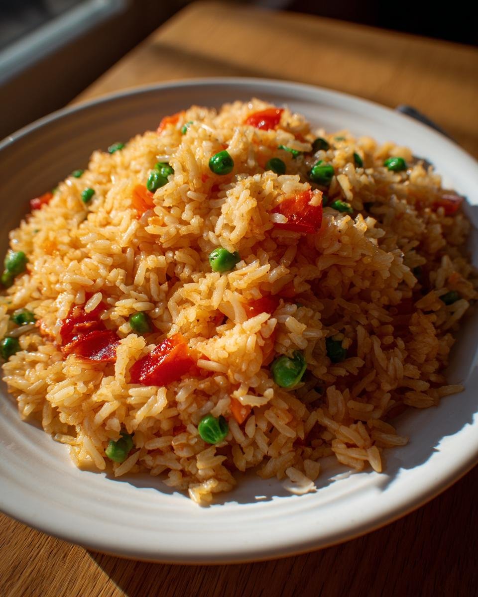 A close-up of fluffy Restaurant Style Mexican Rice mixed with bright green peas and diced red tomatoes on a white plate.