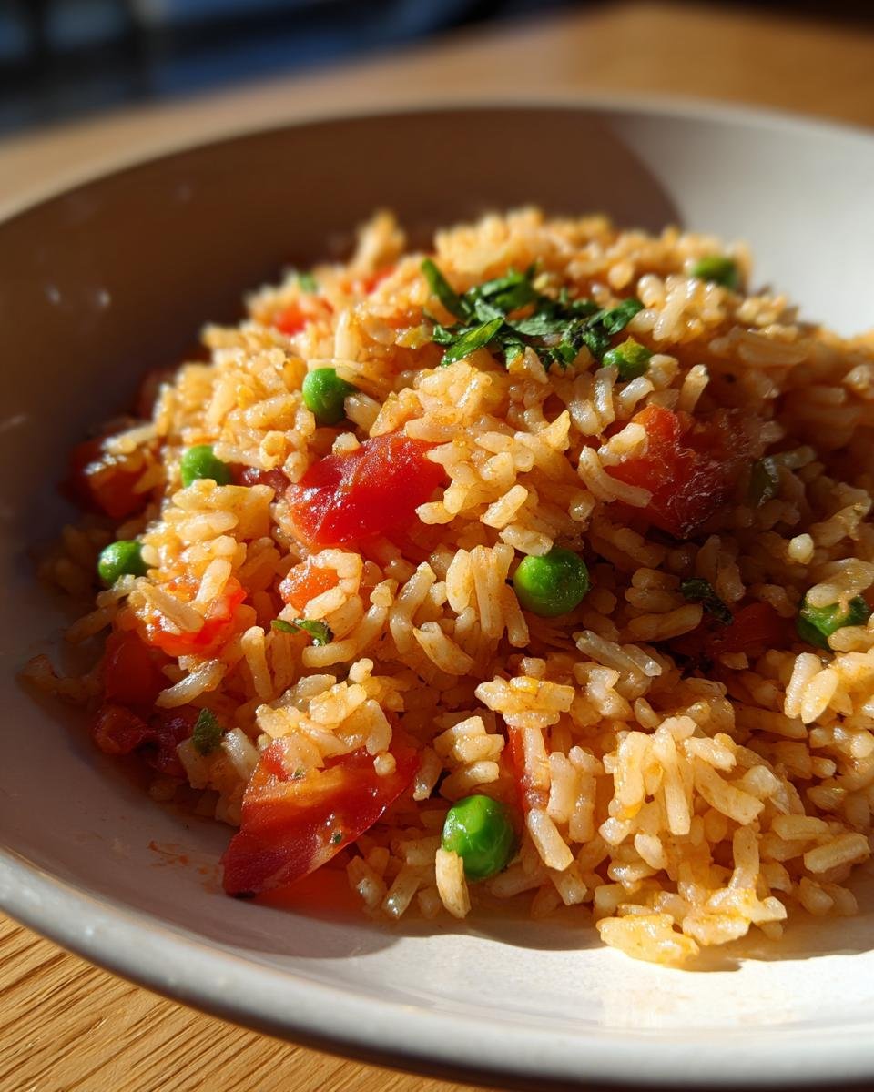 Close-up of a bowl filled with fluffy Restaurant Style Mexican Rice mixed with bright red tomatoes and green peas, topped with cilantro.