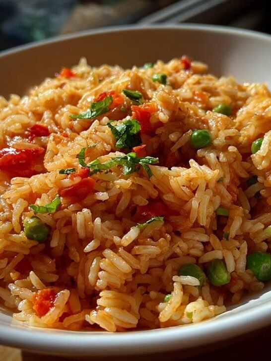 Close-up of fluffy Restaurant Style Mexican Rice with peas and diced tomatoes in a white bowl.