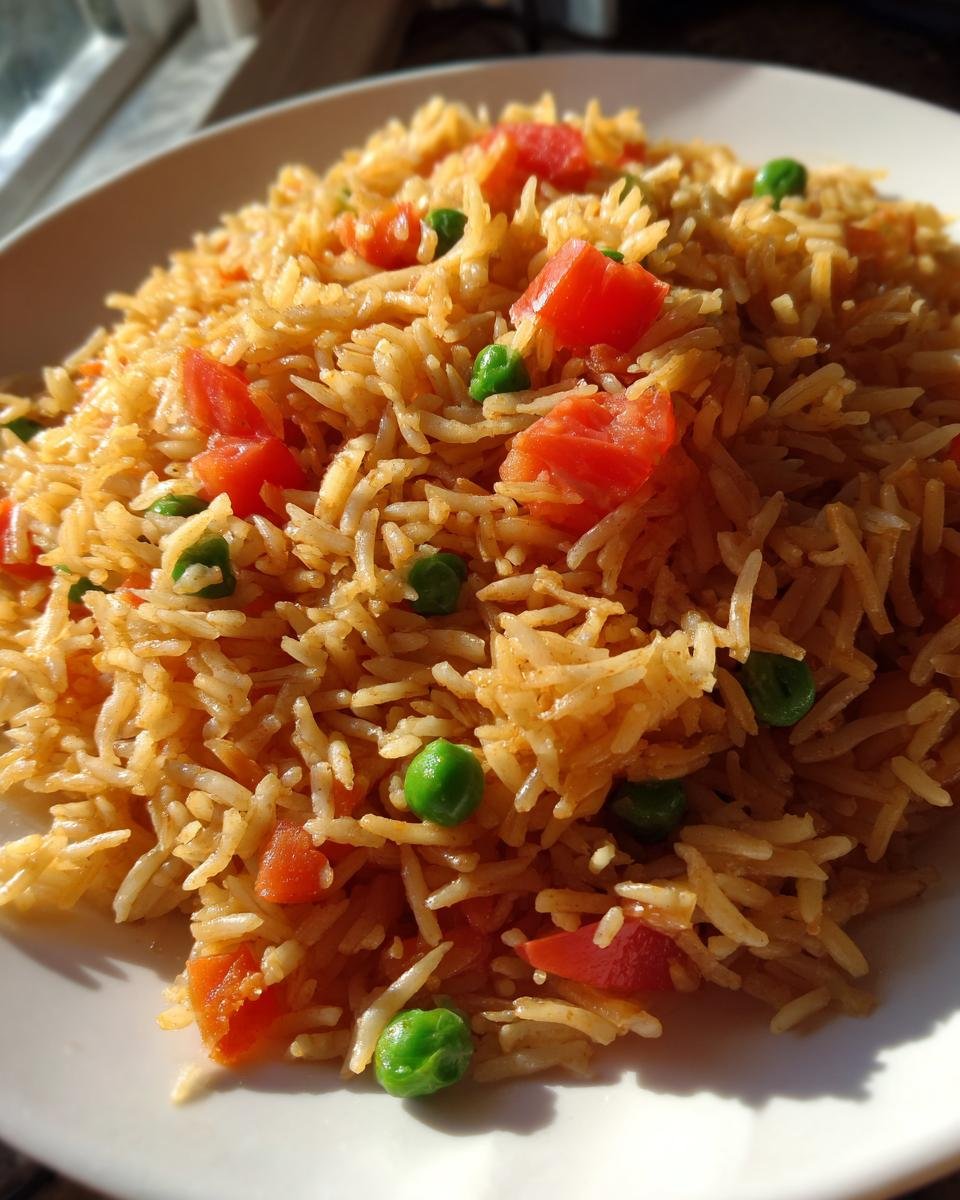 A close-up of fluffy Restaurant Style Mexican Rice mixed with bright green peas and diced red tomatoes.