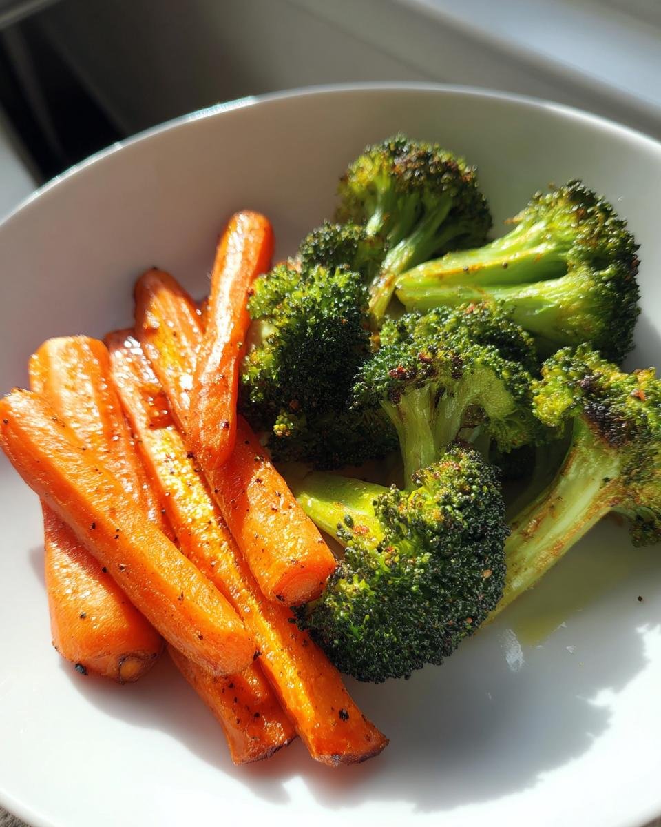 A close-up of vibrant Roasted Broccoli And Carrots seasoned with pepper, served on a white plate.