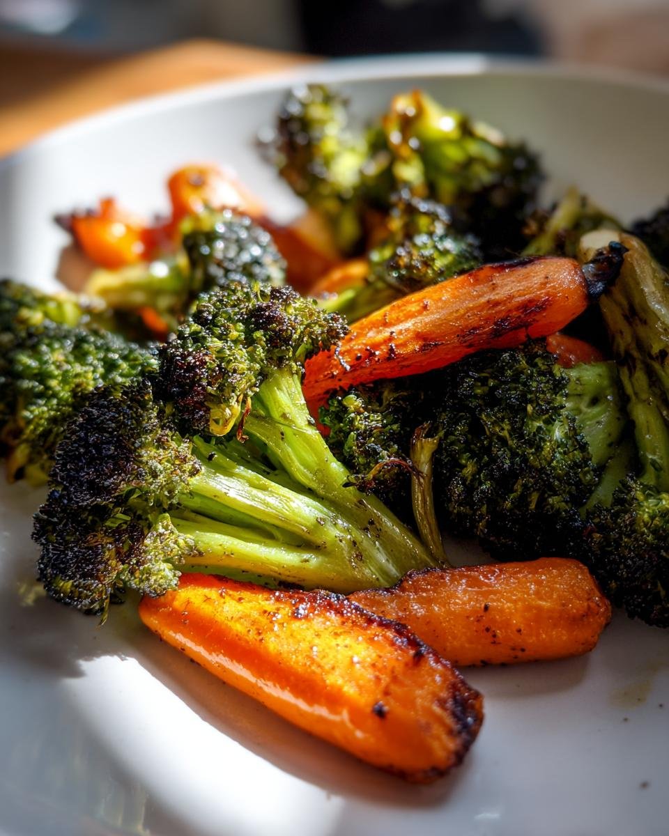 Close-up of vibrant, slightly charred Roasted Broccoli And Carrots served on a white plate.