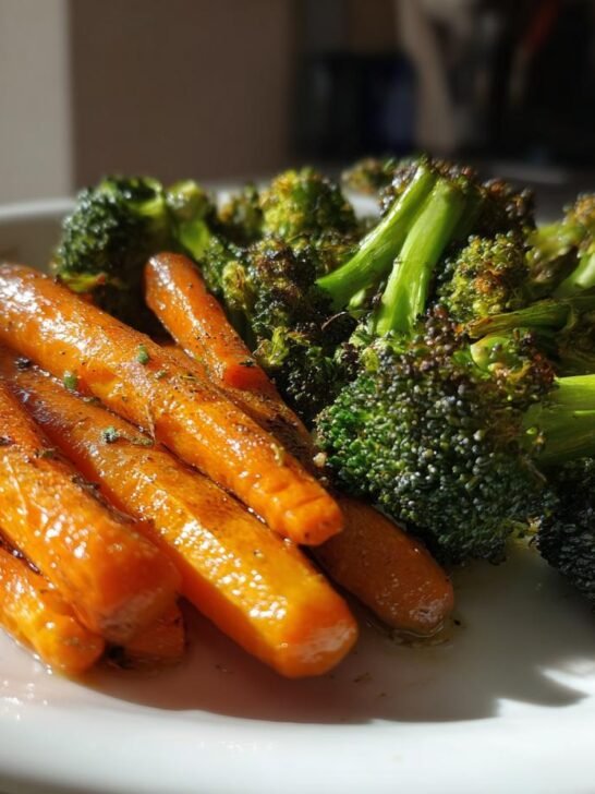 Close-up of perfectly Roasted Broccoli And Carrots glistening with oil and herbs on a white plate.