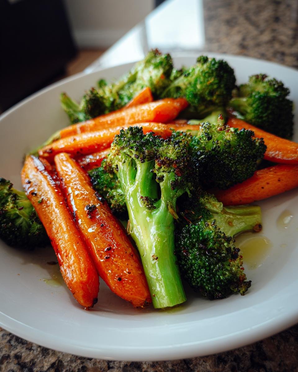 Close-up of perfectly Roasted Broccoli And Carrots, slightly charred and glistening with oil, served in a white bowl.