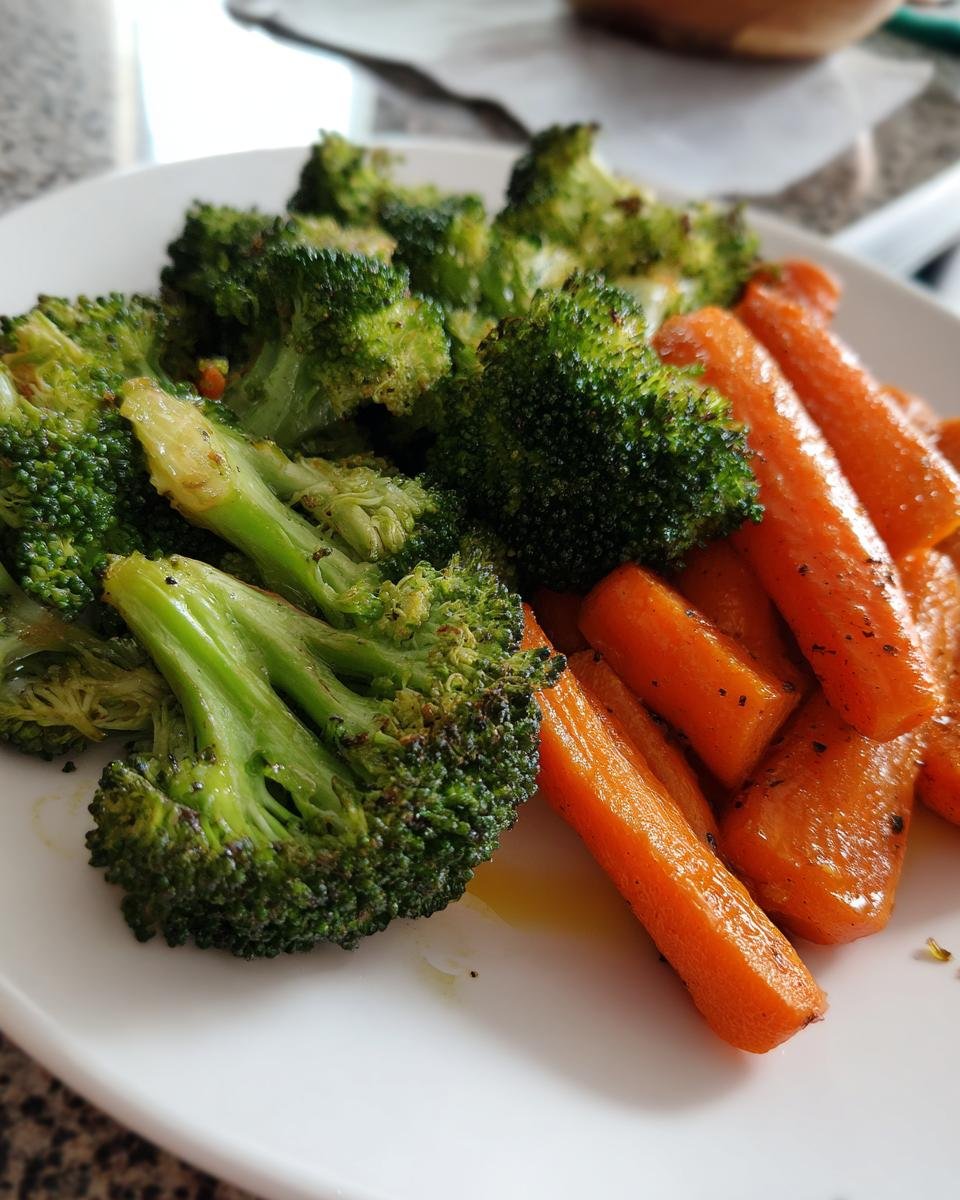 A close-up of perfectly Roasted Broccoli And Carrots seasoned with pepper, served on a white plate.