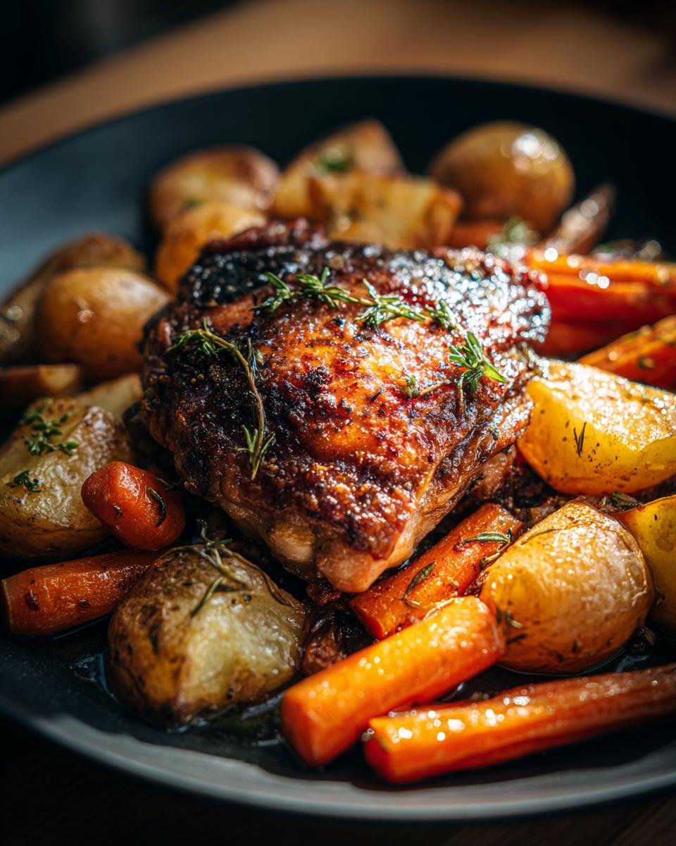 Close-up of perfectly roasted garlic chicken thigh surrounded by roasted potatoes and carrots.