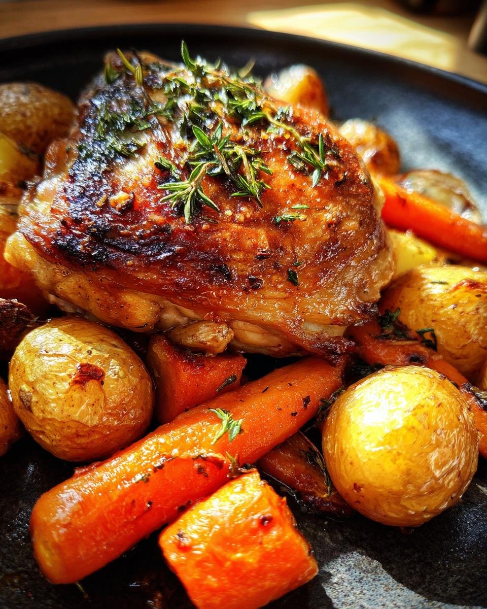 Close-up of Roasted Garlic Chicken And Vegetables, featuring a golden-brown chicken thigh topped with fresh thyme.
