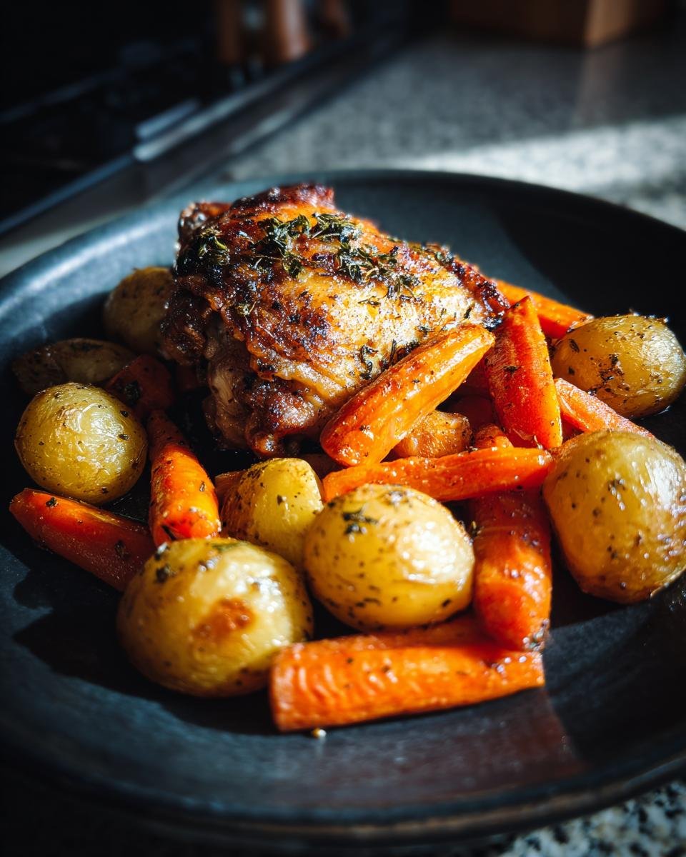 A perfectly cooked piece of Roasted Garlic Chicken And Vegetables, including carrots and potatoes, served on a dark plate.