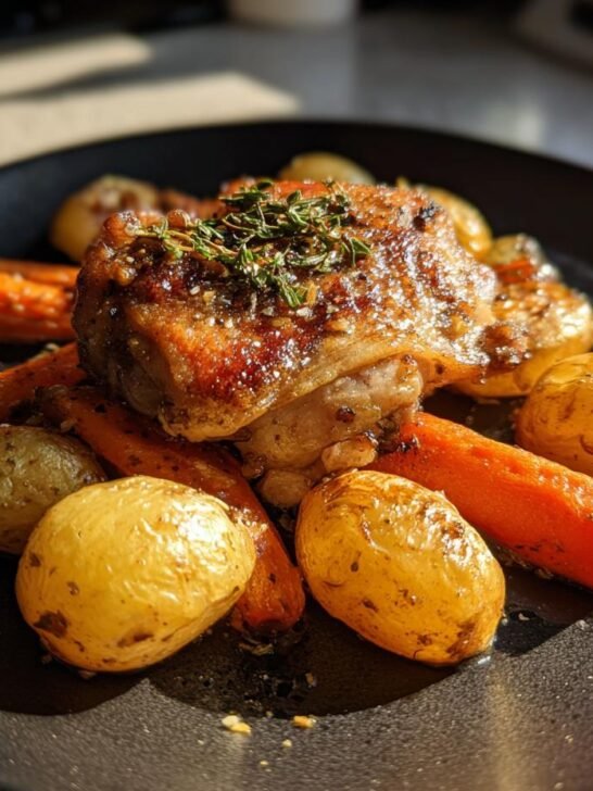 A serving of Roasted Garlic Chicken And Vegetables featuring a piece of chicken thigh, roasted carrots, and small potatoes on a dark plate.
