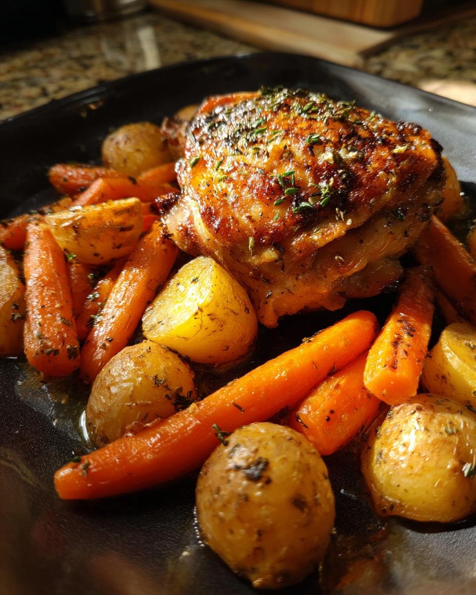 A close-up of perfectly Roasted Garlic Chicken And Vegetables, featuring a golden-brown chicken thigh surrounded by glazed carrots and potatoes.