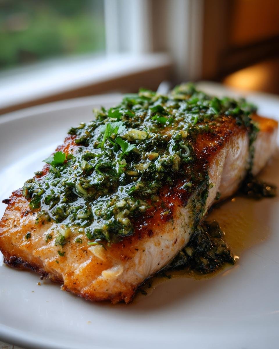 Close-up of a perfectly cooked piece of Roasted Salmon With Salsa Verde, glistening with green sauce.