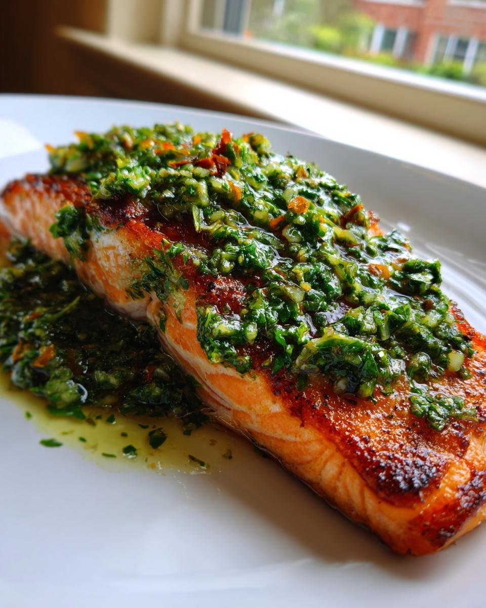 Close-up of a perfectly cooked fillet of Roasted Salmon With Salsa Verde, served on a white plate.