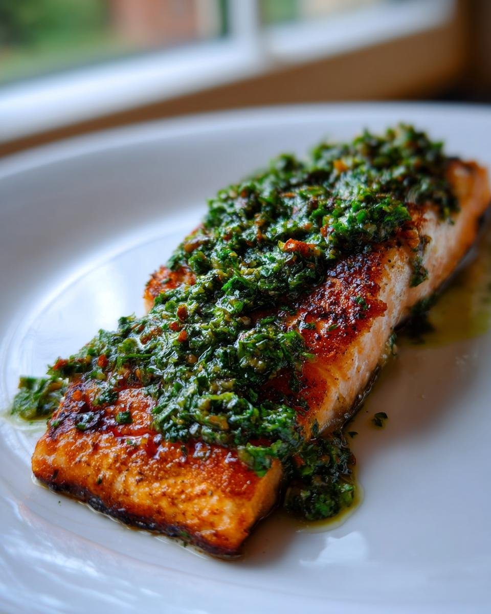 A close-up of a beautifully seared fillet of Roasted Salmon With Salsa Verde on a white plate.