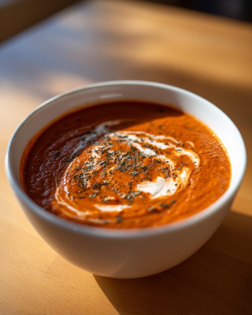 A close-up of rich, orange Roasted Tomato Basil Soup garnished with a swirl of cream and dried herbs.