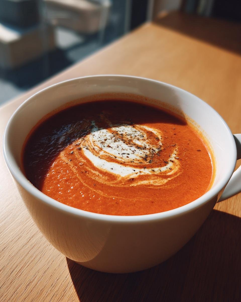A close-up of a bowl of rich orange Roasted Tomato Basil Soup, swirled with cream and topped with pepper.