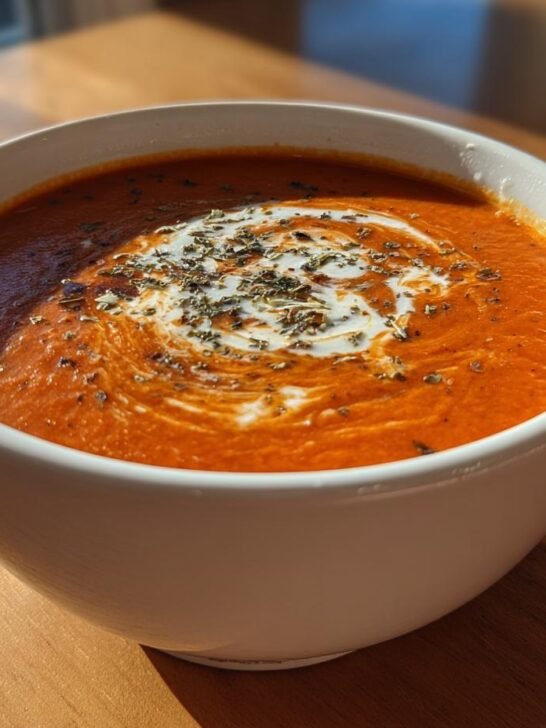A close-up of creamy Roasted Tomato Basil Soup topped with a swirl of cream and dried herbs.